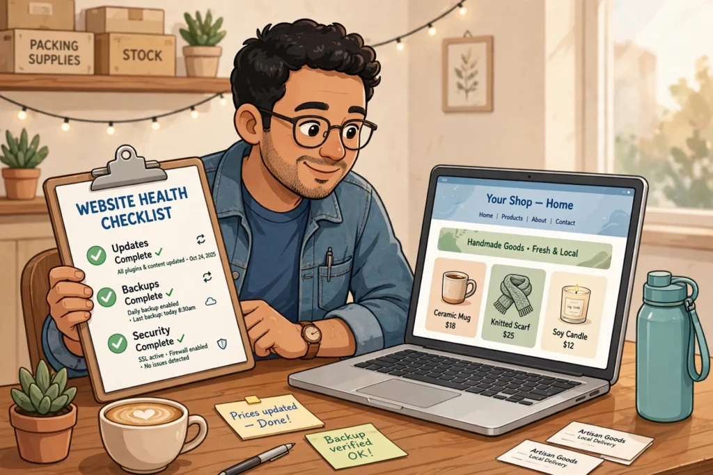 A business owner reviews a website maintenance checklist covering updates, backups and speed checks.