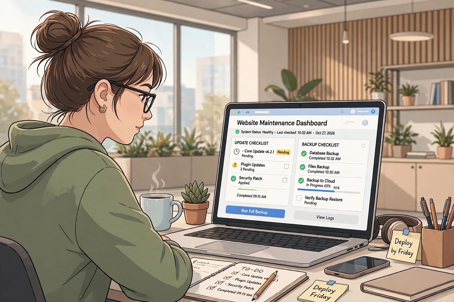 A developer checks updates, backups and security during website maintenance for a business website.